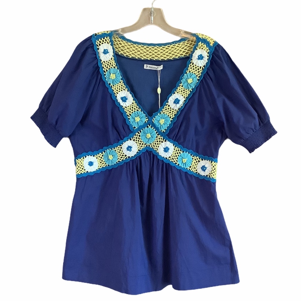 NWT Perlina Women Blue BOHO Crochet V-Neck Tunic 4 M